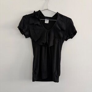 Fleurish Black Ruffle V-Neck Short Sleeve Blouse Medium F2559PR